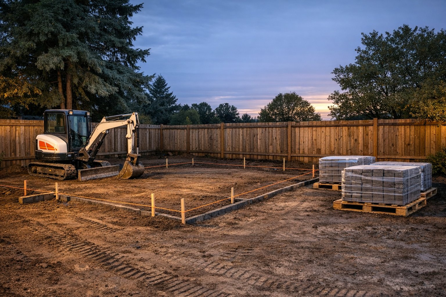 Excavator grading and leveling a residential yard at dusk during a landscaping project