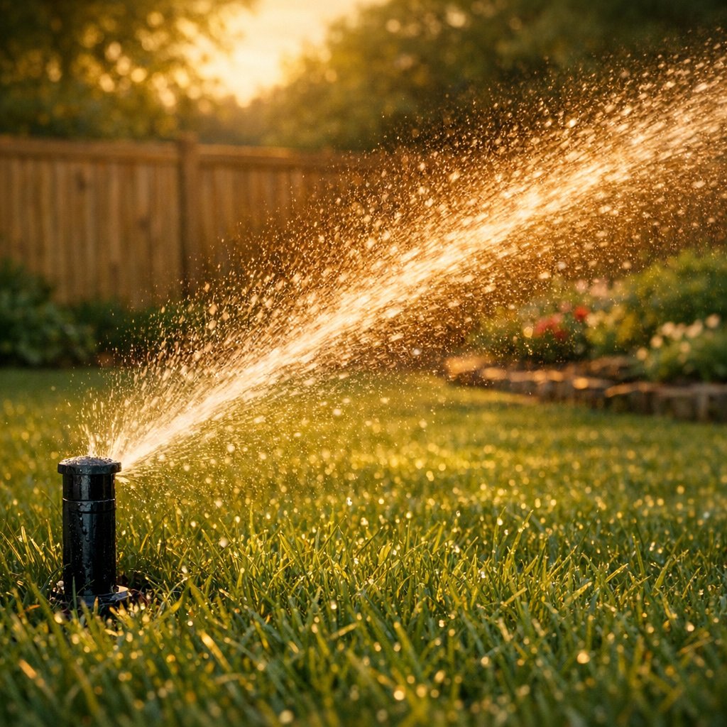 Irrigation sprinkler head watering a green lawn in golden evening light