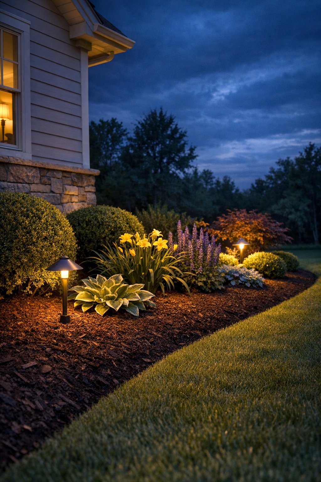 Freshly mulched garden bed along a home's foundation with flowering perennials and shrubs