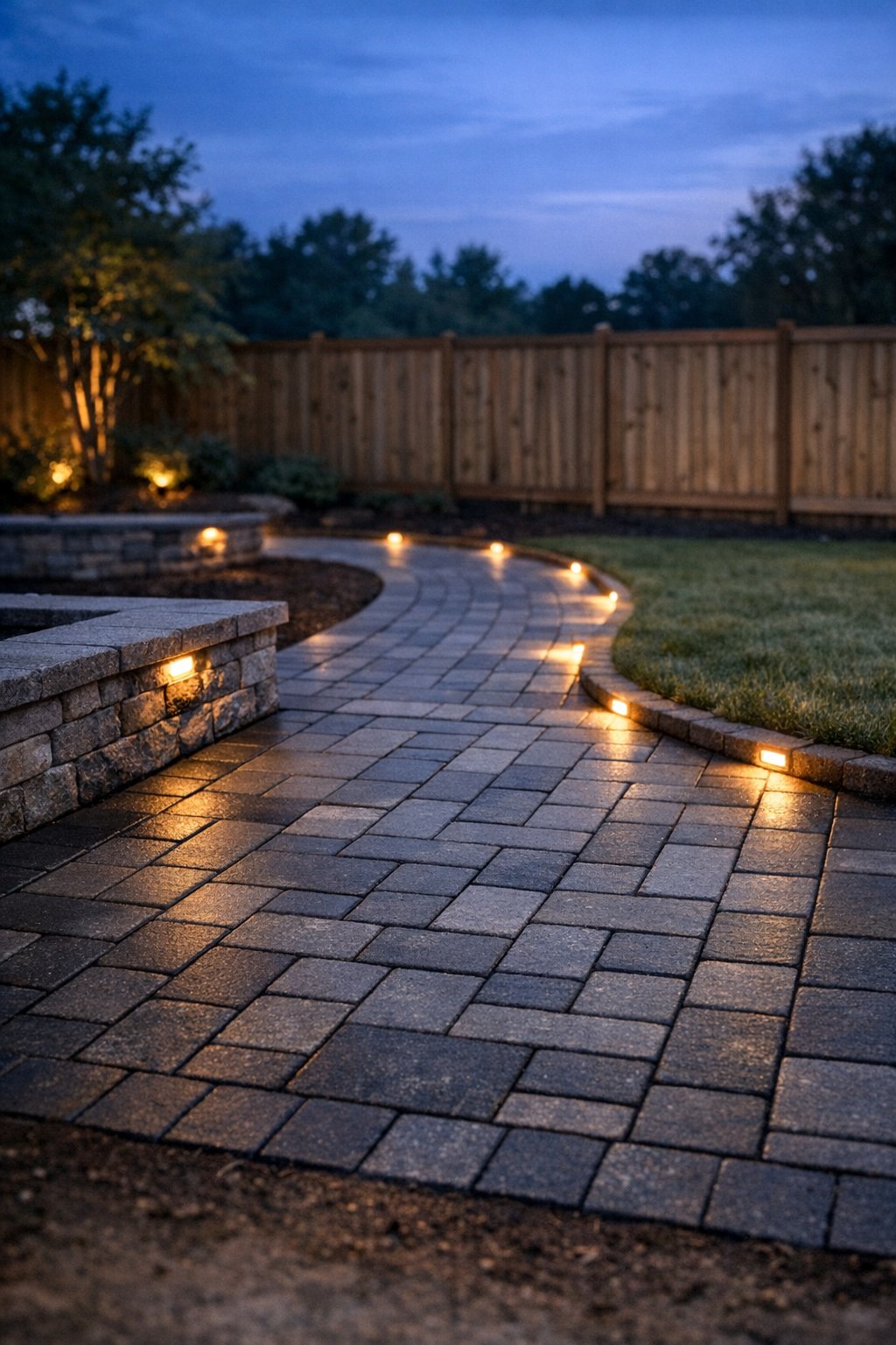 Curved paver walkway and patio with built-in stone lighting leading through a backyard at dusk
