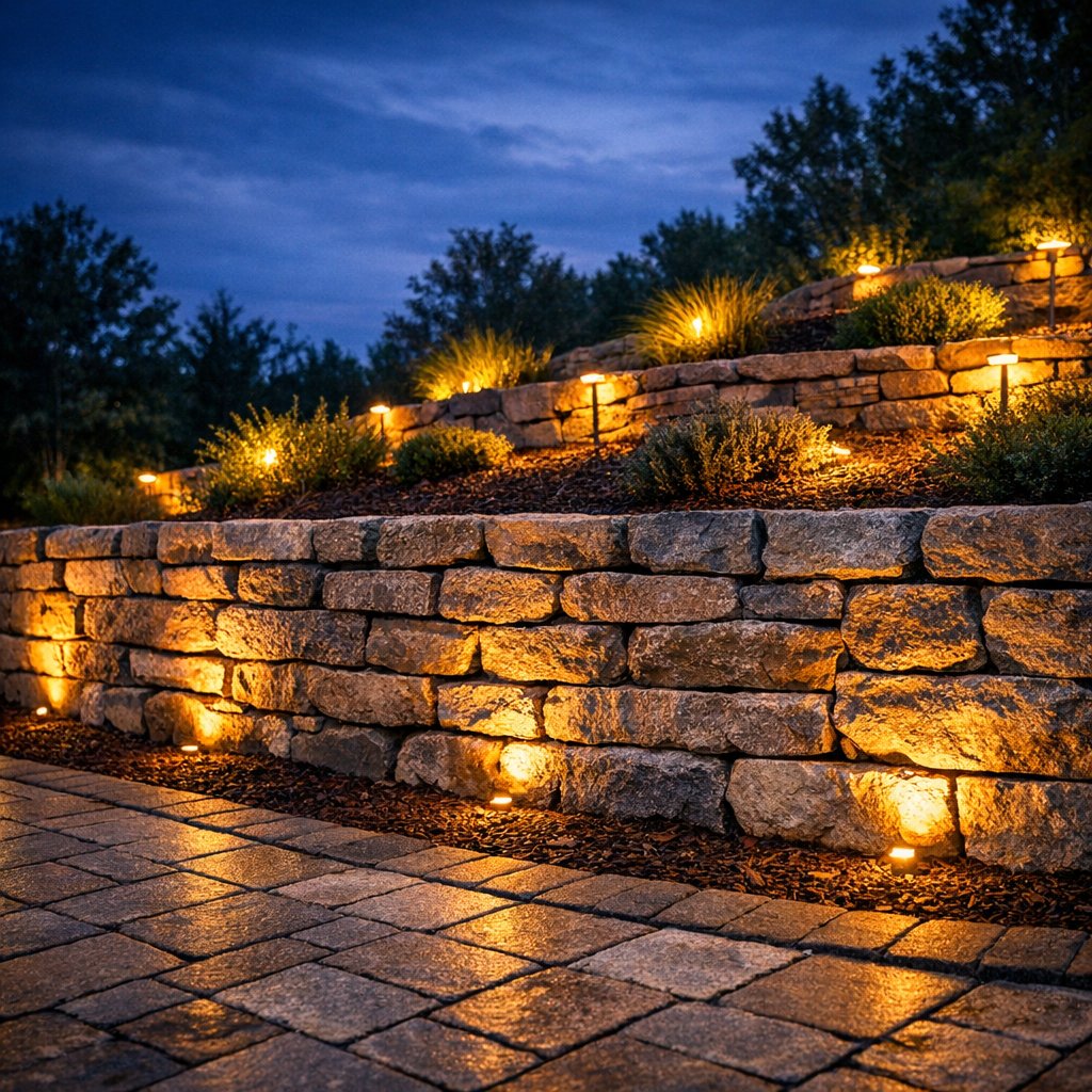 Tiered natural-stone retaining wall with uplighting and planted beds above it