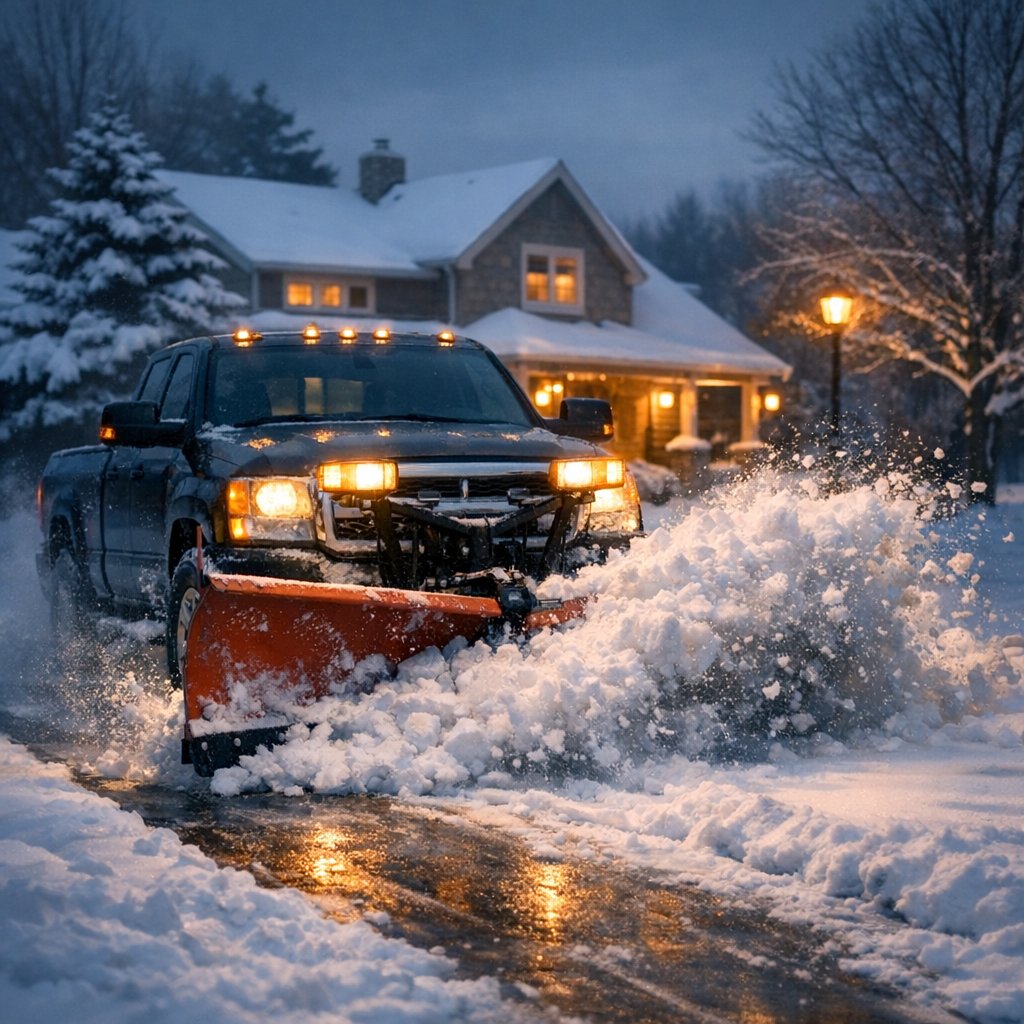 Pickup truck with a snowplow clearing a snowy residential driveway at dusk